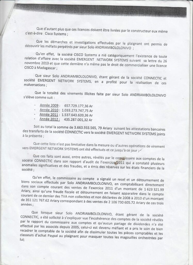 Plainte de Ranarison Tsilavo : les factures contestées au regard des faits établis